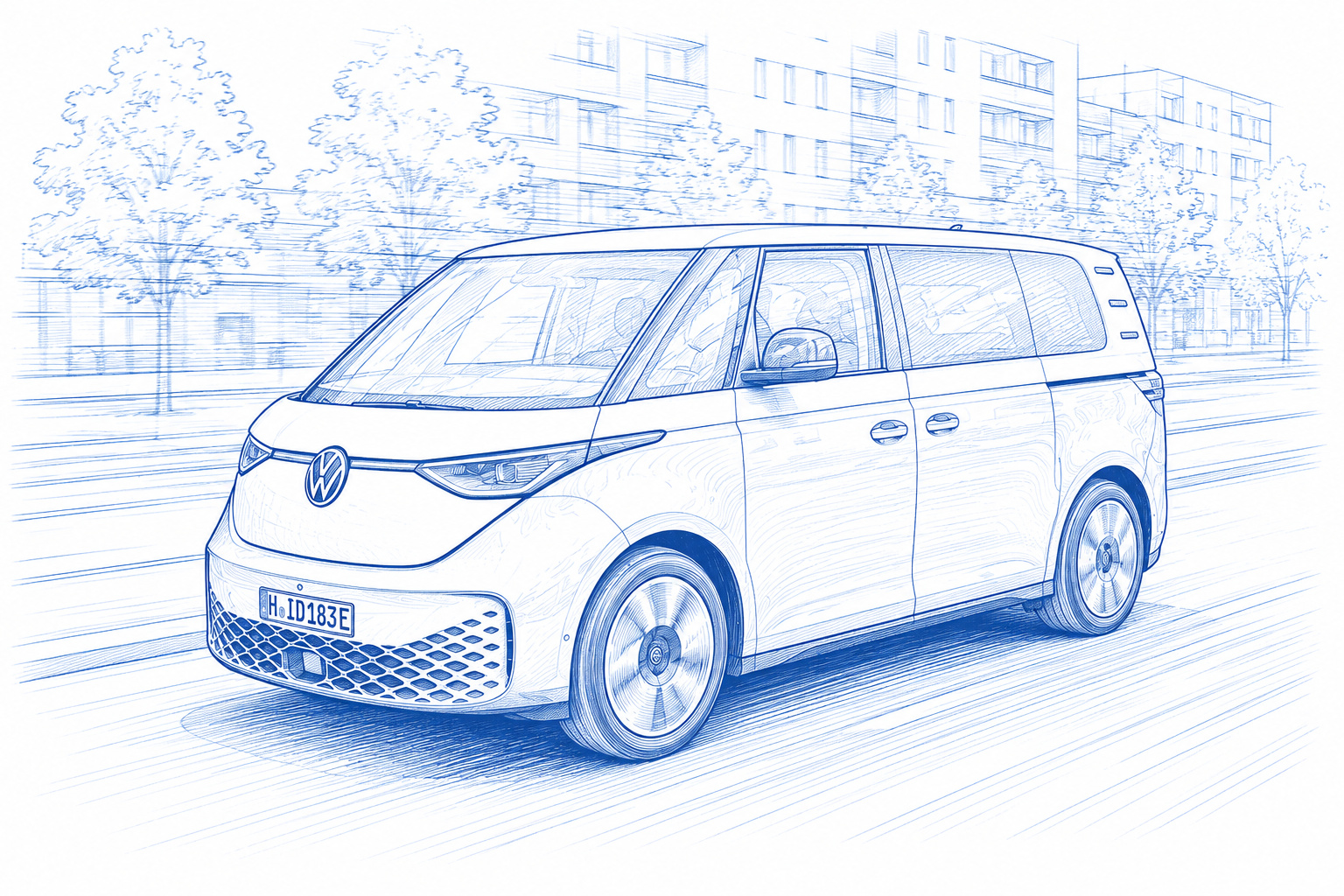 Elektrischer VW ID. Buzz als lineares Markenmotiv von Autohaus Tarp